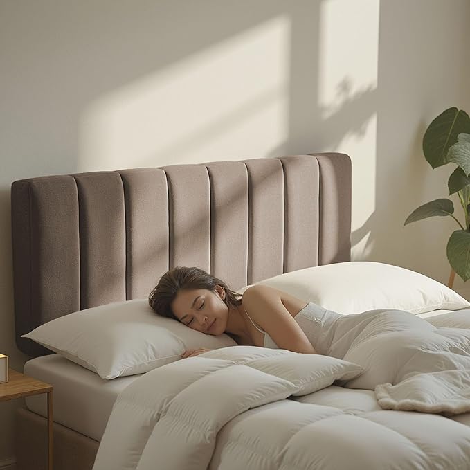 Hearth & Harbor Upholstered Twin Headboard - Easy Assemble Channel Stitched Headboard Twin Size - Wall Mounted Headboards with 3D Soundproof Wall Panels Peel & Stick Floating Headboards, Mocha