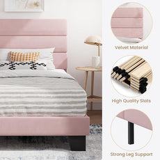 SHA CERLIN Twin Platform Bed Frame with Velvet Upholstered Headboard, Mattress Foundation with Strong Wooden Slats Support, No Box Spring Needed, Pink