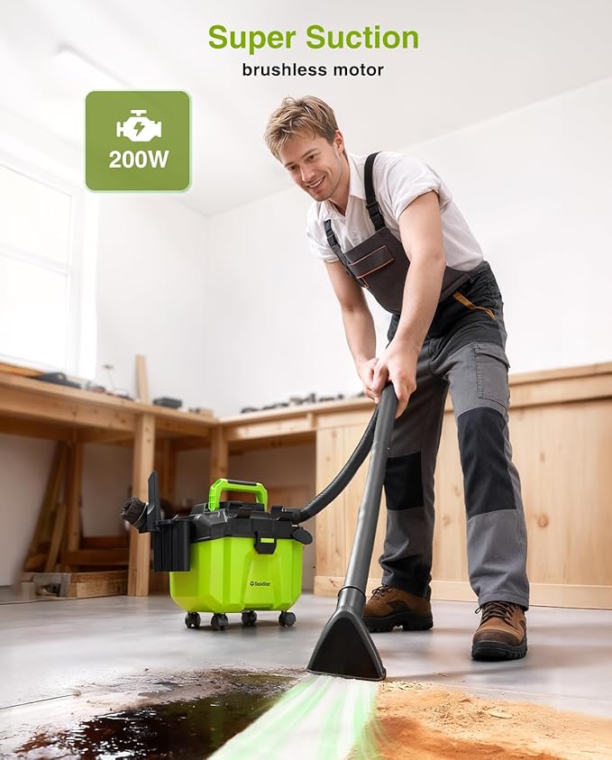 Cordless Shop Vac, 2.6 Gal 2x4.0Ah Battery Powered Shop Vac, 3-in-1 Cordless Shop Vacuum Wet and Dry with Strap, 4 Wheels, Accessory Storage Holder, Ideal for Garage, Car, Workshop
