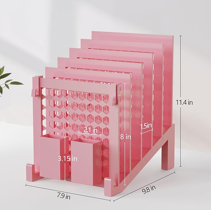 File Organizer for Desk with Storage Box & Hook, Inclined Desk File Organizer with 5-Section Vertical File Holder suitable for Home Office Document Organization (Pink-01)