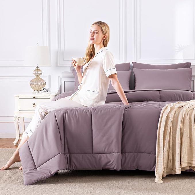 CozyLux Queen Size Comforter Set Dusty Purple - 7 Pieces Bed in a Bag Dusty PurpleComforter Queen Size, Bedding Set with All Season Quilted Comforter, Flat Sheet, Fitted Sheet, Pillowcases