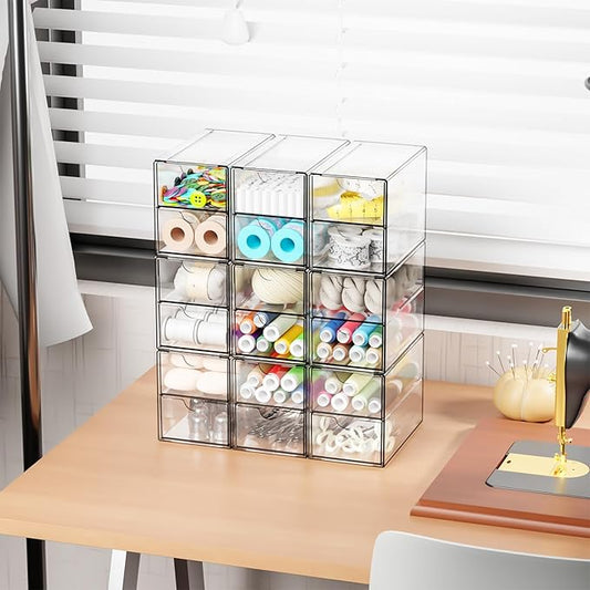 Yieach 9 Pack Small Acrylic Drawers With 18 Drawers,Clear Drawer Organizers Stackable,School,Office Supplies Organizer And Storage Bins for Stationery,Pen,Pencil,Craft,Glasses,Sunglass Organizer Case