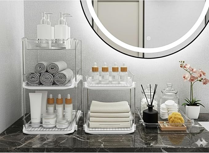 Bathroom Organizers And Storage – With Multipurpose Holder, 2 Sets of 3-Tiers Stackable Under Sink Bathroom Drawer Organizer Multi-Purpose Pantry Organizer And Kitchen Organization With Dividers