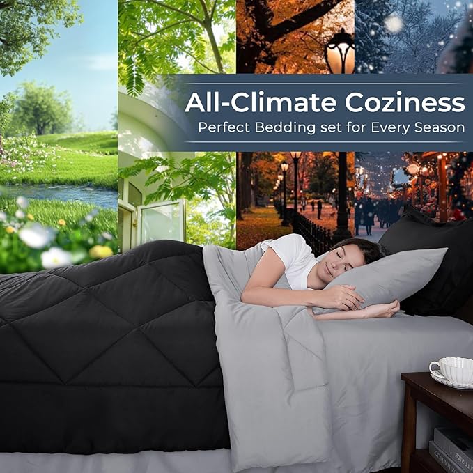 HEVUMYI 120x98 Oversized King Comforter Set - 7-Piece All Season Bed in a Bag Oversized King, Ultra Soft Bedding Set with 120 x 98 Comforter, Flat Sheet, Fitted Sheet, Pillowcases, Black & Light Grey