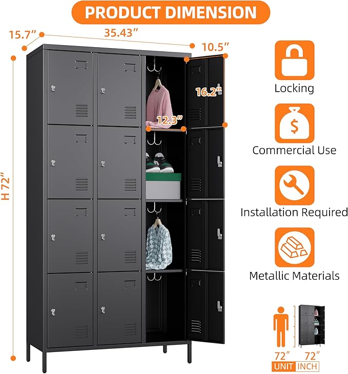 Aobabo 12 Doors Metal Storage Locker for Employees, Storage Locker with Name Card Slot for Garage School Office Gym, Black, Assembly Required