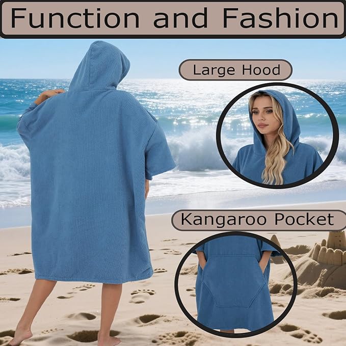Surf Poncho Hooded Beach Towel, Quick Dry Terry Cloth, Extra Large Changing Robe with Pockets for Adults, Unisex Peacock Blue Cover-Up for Swim, Bath, Beach, Gift for Swimmer Lovers