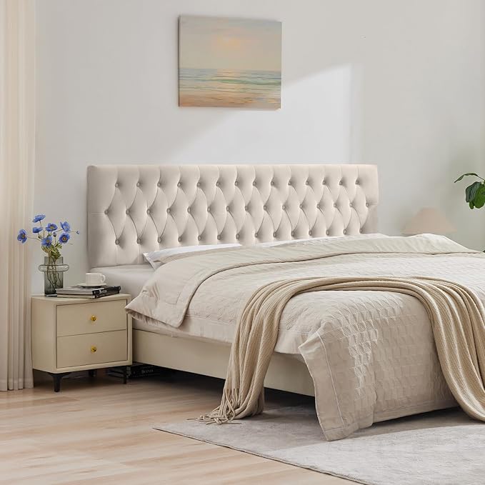 Kingfun Cal King Headboard only, Premium Velvet Upholstered Headboards in Modern Button Design, Tufted Bed Headboard, Adjustable Solid Wood Head Board (Beige)