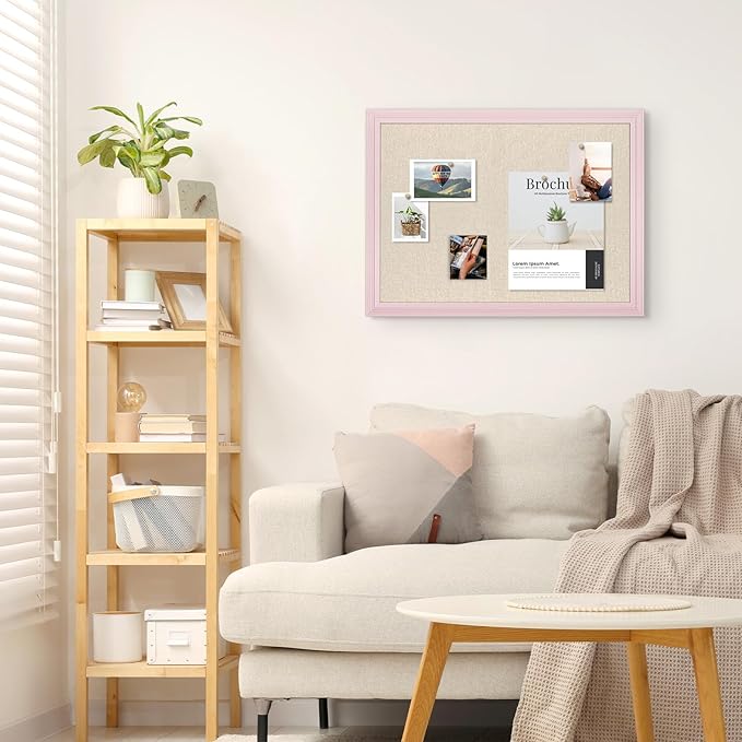 Large Cork Board with Linen, 36" x 24" Hanging Pink Wood Framed Bulletin Board, Picture Display Vision Board Corkboards for Wall Room School Office Decor, 10 Pushpins, 1 Pack