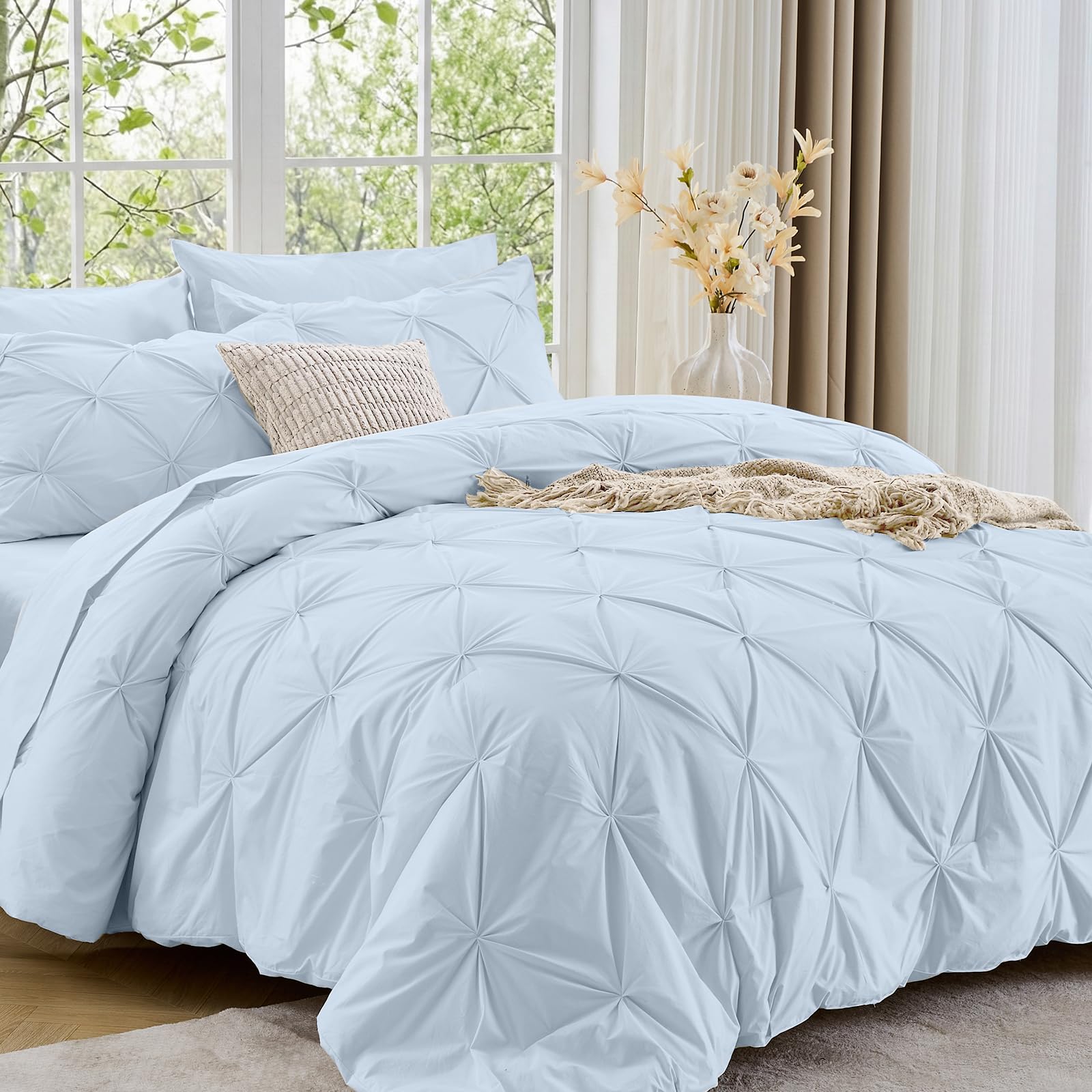 Sasttie Twin XL Comforter Set, 5-Piece Bed in a Bag, Pintuck Bedding Sets for All Season, Includes Comforter, Flat Sheet, Fitted Sheet, Pillowcase and Pillowsham, Beige