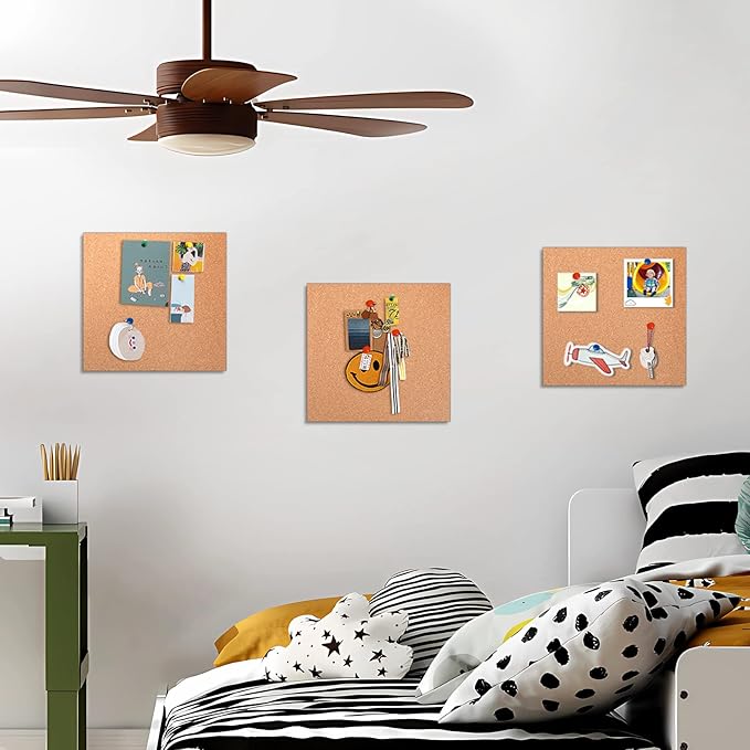 FEBSNOW Cork Board, 3 Pack Strong Self-Adhesive Cork Board Tiles Square 7.9 * 7.9inch Cork Boards for Walls Bulletin Board with 50 Multi-Color Push Pins