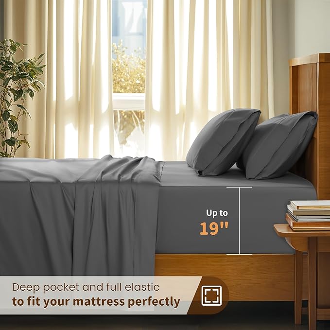 LBRO2M 100% Cotton Sheets Set Deep Pocket 19", 1000 Thread Count Queen Size 4 Piece Bed Sheet Sets Soft Comfortable Bedding All Season (Queen, Dark Grey) LBRO2MBedding