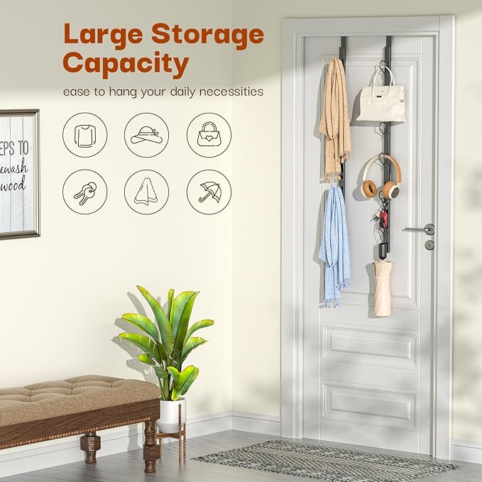 Over The Door Hooks Long with 6 Hooks, Behind The Door Towel Racks for Bathroom, Door Purse Bag Coat Robe Hanger, Hat Clothes Hanging Organizer with Non-Slip Pads & Suction Cups, 28.3 Inches, Black