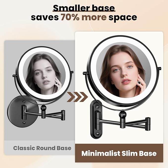 Rocollos 9-Inch Large Makeup Mirror with 30X Magnification, Rechargeable Wall Mounted Vanity Mirror with Lights, 3 Color Dimmable LED, Touch Screen & Retractable Arm-Black (9INCH-Black)