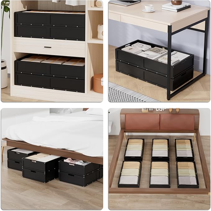 Bamboo Under Bed Storage Containers, Rolling Underbed Organizer with Wheels, Sturdy Under the Bed Shoe Storage Bins, Stackable Underbed Drawers for Bedroom Closet Clothing Toy 2 Packs (Black, Large)