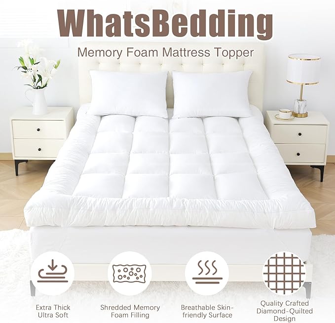 WhatsBedding 5 Inch Memory Foam Mattress Topper Queen for Back Pain Relief, Filled with Breathable Memory Foam, Soft Fluffy Supportive Bed Mattress Topper, 80x60x5 in