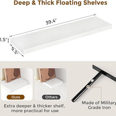 40 Inch Floating Shelves for Wall, 9.3 Inch Deep Shelves for Books & Decor, Wall-Mounted Floating Shelf 40 Inch Long Set of 2, Rustic Wooden Shelf for Living Room, Bedroom, Kitchen, White