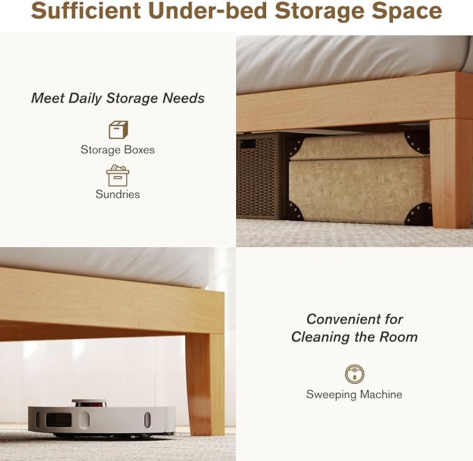 Sweetcrispy Solid Wood Bed Frame, Full Size Bed Base with Wood Slat Support, Sturdy, Stylish & Noise-Free Design, No Box Spring Needed, Easy Assembly, 12 in Natural Pine