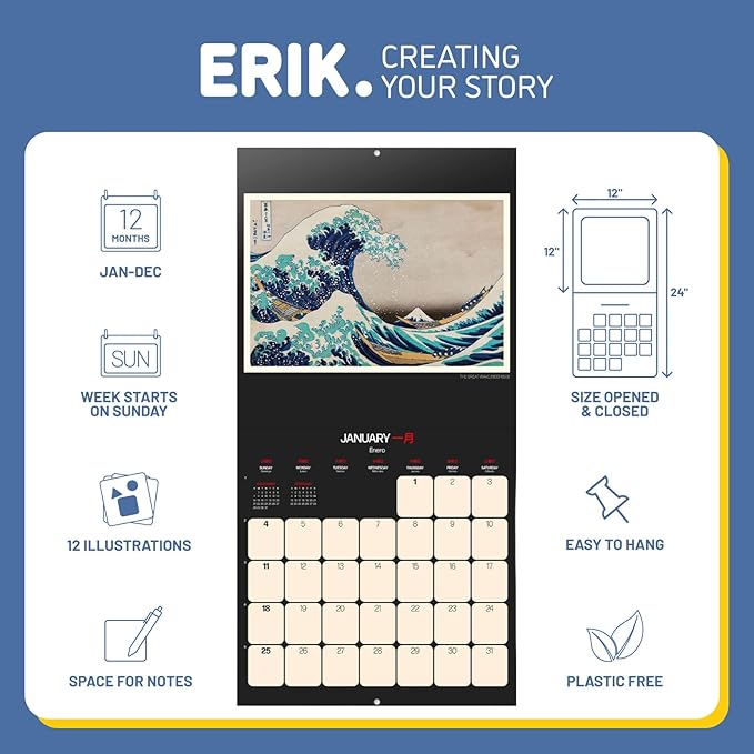 Japanese Art Hokusai Wall Calendar 2026 12" x 12" FSC® Plastic Free - Starts Week On Sunday | Family Planner Calendar 2026 | Japan Calendar 2026 | Japanese Gifts