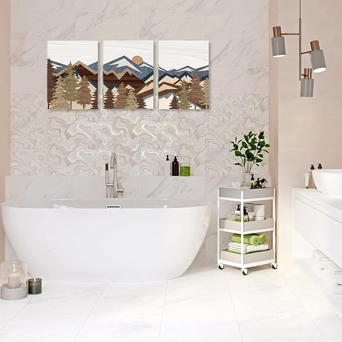 BINCUE Boho Mountain Wall Art Framed Mountains Office Canvas 3 Piece Artwork 12x16 Inch for Living Room Bedroom Décor