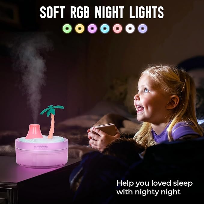 Cute Mini Humidifier, 320ml Coconut Tree Desktop Humidifiers for Bedroom, Portable Small Cool Mist Humidification for Home, Baby Nursery, Office & Indoor Plants, USB Powered