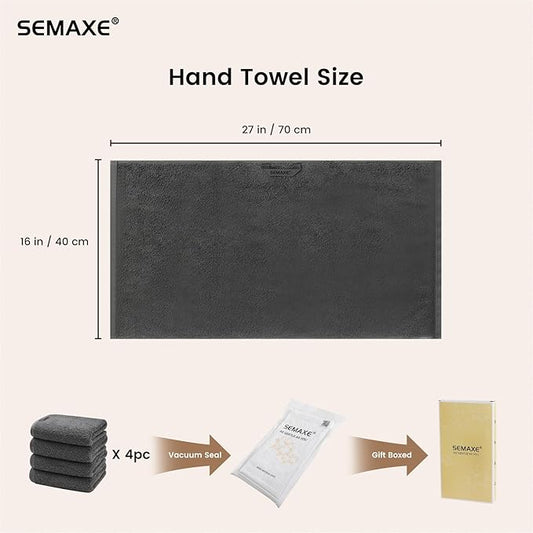 SEMAXE Hand Towel for Bathroom Set, 4 Piece 100% Cotton Gray Towels with Hanging Loops, Hotel Spa Quality Absorbent Towels, 27" L x 16" W, Gift Box Packaged