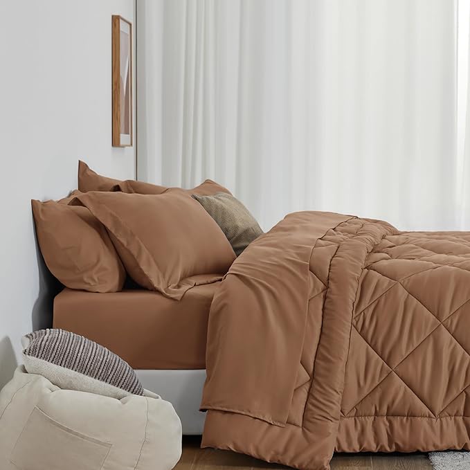 Love's cabin Full Comforter Set Mocha Mousse, 7 Pieces Full Bed in a Bag, All Season Bedding Sets with 1 Comforter, 1 Flat Sheet, 1 Fitted Sheet, 2 Pillowcase and 2 Pillow Sham