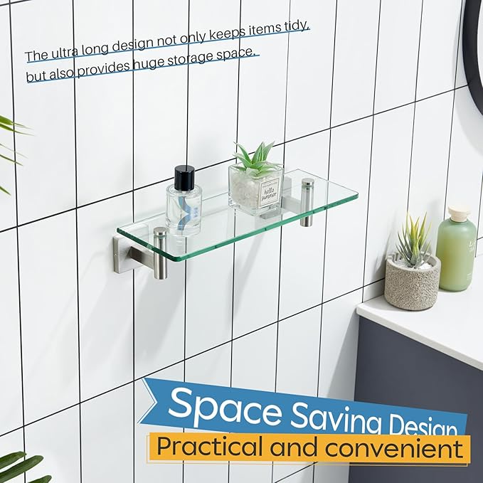 KOKOSIRI Floating Shelf Bathroom Wall Mount Shelves 12-Inch for Bedroom Living Room Kitchen Hanging Rack Brushed Stainless Steel 2 Pack B1105BR-L12-P2