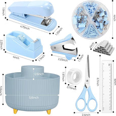 SKYDUE Desk Organizers and Accessories 10Pcs, 360-Degree Rotating Pen Holder, Stapler, Staple Remover, Tape Dispenser,2pcs Tape Refills, Binder Paper Clips Kit, Scissor (Blue)