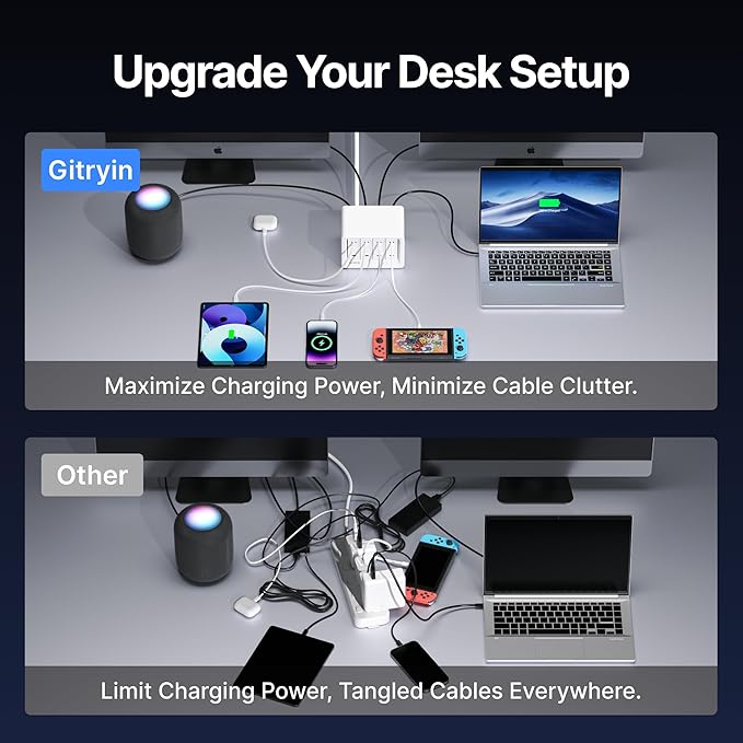 Gitryin 12-in-1 Desktop Charging Station with 3 Retractable Type-C Chargers and 1 Lightning Charger, 40W USB-C Power Strip with 33.5in Cable, Extension Cord with 1020J Surge Protection for Home Office