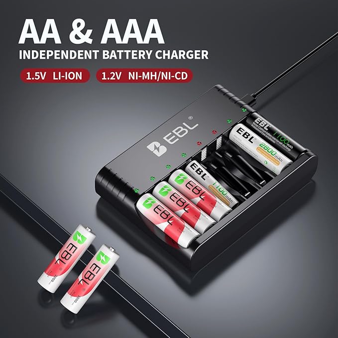 EBL Rechargeable AA Batteries Lithium with Charger, 8 Pack 3000mwh 1.5V Constant Voltage Rechargeable Lithium AA Batteries, 1600 Cycles Long Lasting Double A Battery for Blink Outdoor Camera