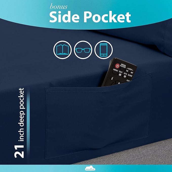 DREAMCARE Twin XL Sheet Sets – 3pcs Cooling Sheets – up to 15” Deep Pocket Twin XL Sheets Set – Hotel Luxury Sheets & Pillowcases – Superior Softness 100% Fine Microfiber with Side Pocket – Navy Blue DREAMCARE