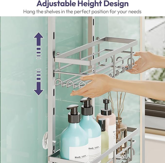 SWTYMIKI Over The Door Shower Caddy - 4 Tier Rustproof Hanging Shower Organizer with Adjustable Shelves, 40 Hooks & Soap Holder, Hanging Shower Rack Storage for Bathroom Accessories, Silver