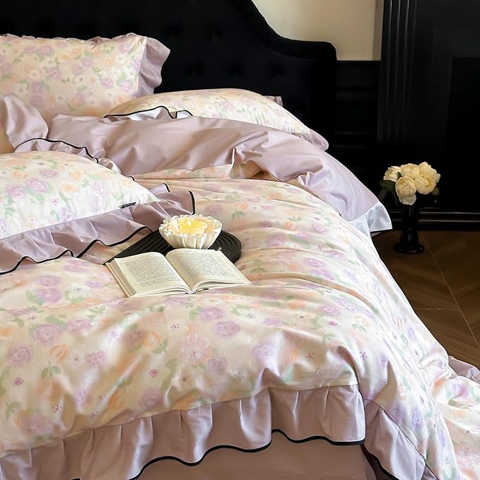 HighBuy Ruffle Duvet Cover Full Size,Farmhouse Purple Floral Brushed Cotton Durable Bedding Comforter Cover with 2 Ruffle Lace Pillowcases,Chic Cottagecore Natural French Style,Full