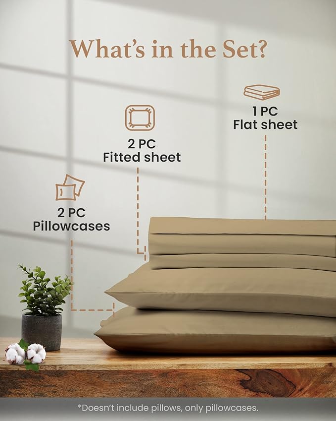 Good Sleep Bedding Split King Sheets Sets for Adjustable Bed Cotton, Luxury Sheets, Egyptian Cotton, 5 Piece 100% Cotton Split King Sheet Set, Sateen Weave, 2 Fitted - 16" Deep Pocket, Taupe GoodSleepBedding