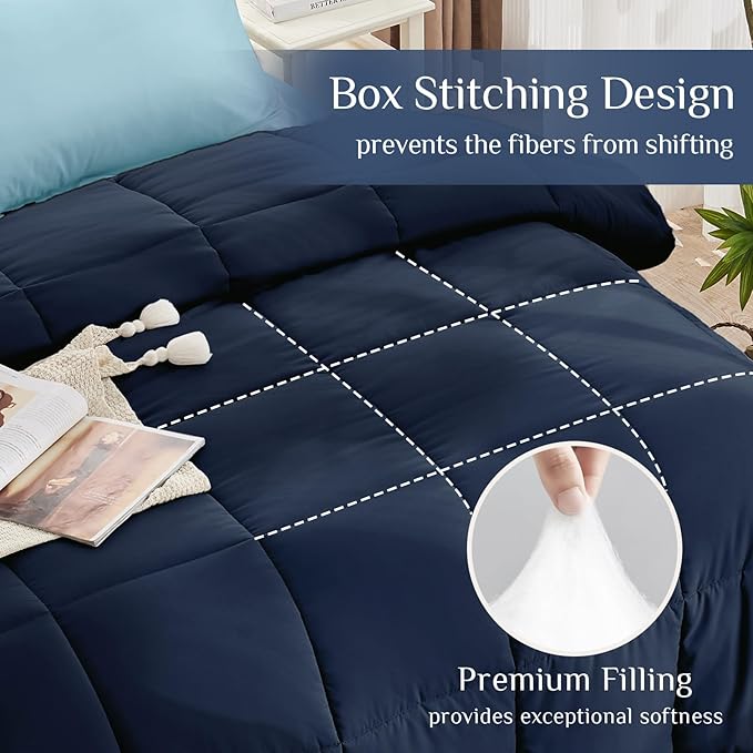 JOLLYVOGUE Queen Comforter Set, Ultra-Soft Bed in a Bag Queen Size 7 Pieces, Oeko-TEX Certified Bedding Set with Down Alternative Comforter, Sheets, Pillowcases & Shams, Navy & Light Blue