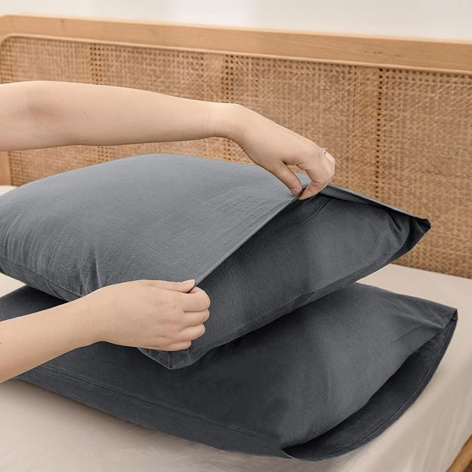 BESTOUCH 100% Washed Cotton Pillowcase for Hair and Skin Linen Feel Soft Comfortable Breathable 2 Set Pillow Case with Envelope Closure Solid Quiet Shade Grey Queen 20x30 Inches
