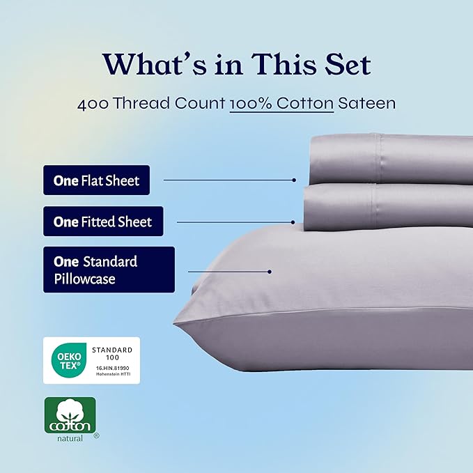California Design Den Soft Twin Sheets Set - 400 Thread Count Sateen, Natural 100% Cotton Sheets, Deep Pockets, and Durable Bedding Set for Dorm Rooms & Adults - Dusky Lavender Grey