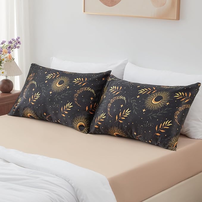 EXQ Home Satin Pillowcase for Hair and Skin Queen - Printed Black Moon Silk Pillowcase 2 Pack 20x30 inches - Satin Pillow Cases Set of 2 with Envelope Closure, Gifts for Women
