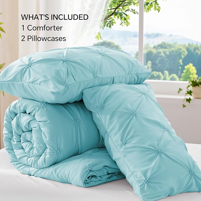 BEDELITE Macaron Blue Twin Comforter Set - 2 Peices Boho Pintuck Bedding Comforter Sets, Lightweight Soft & Warm Twin Bedding Sets with 1 Pillowcase for All Season