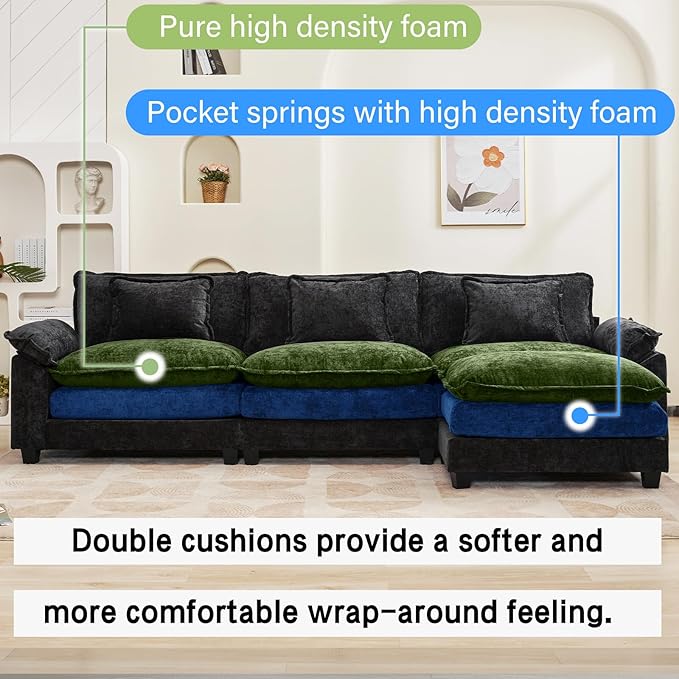 120" Modular Sectional Sofa, Comfy Cloud Couch Sectional Sofa with Ottoman, Chenille Sofa Sleeper Deep Seat Sofa with Throw Pillows for Living Room (Black, 120"- L Shape)