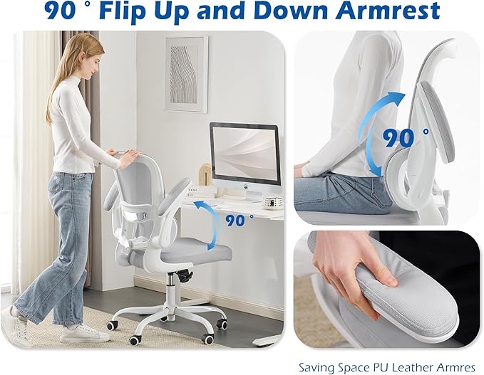 TRALT Ergonomic Office Chair - Desk Chair with Adjustable Lumbar Support Computer Chair - Mesh Comfy Chair with Flip-up Armrests - Gaming Chairs for Adults Home Office (Leather, Grey)