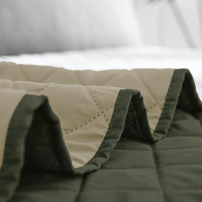 Easy-Going King Size Reversible Quilt Set with 1 Quilt and 2 Pillow Shams, Soft Bed Quilt Cover, Water Resistant Lightweight Microfiber Bedspread, Stain Resistant, Army Green/Beige