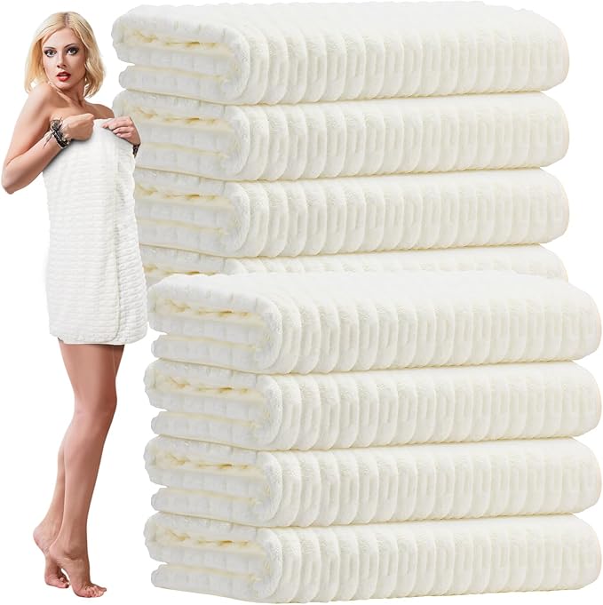 8 Pack Microfiber Bath Towels Bulk 27'' x 60'' Oversized Size Bath Towel Highly Absorbent Extra Large Soft Drying for Shower Beach Winter Salon Sport Gym Party (Slub Velvet,White)