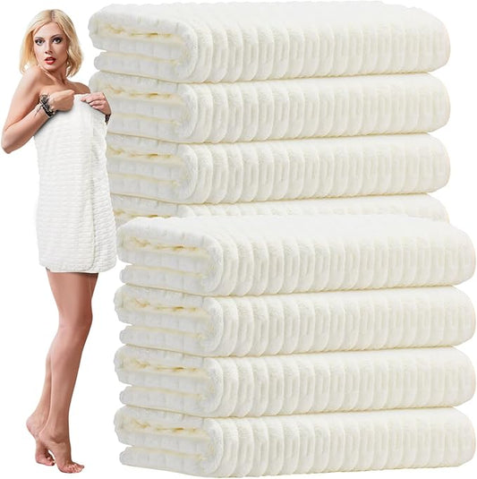 8 Pack Microfiber Bath Towels Bulk 27'' x 60'' Oversized Size Bath Towel Highly Absorbent Extra Large Soft Drying for Shower Beach Winter Salon Sport Gym Party (Slub Velvet,White)