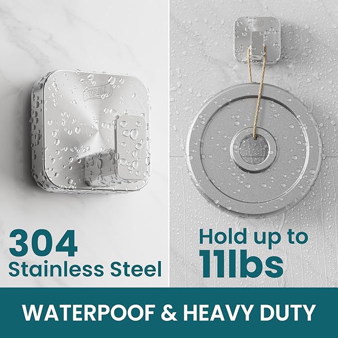 TAILI Thickened 304 Stainless Steel Bathroom Suction Hook for Towel, Loofah, Bathrobe, Patented Strong Suction Cup Holder, Damage-free Hanging Glass Shower Wall Hook, Hold Up to 11 Lbs, 2 Pack, Silver