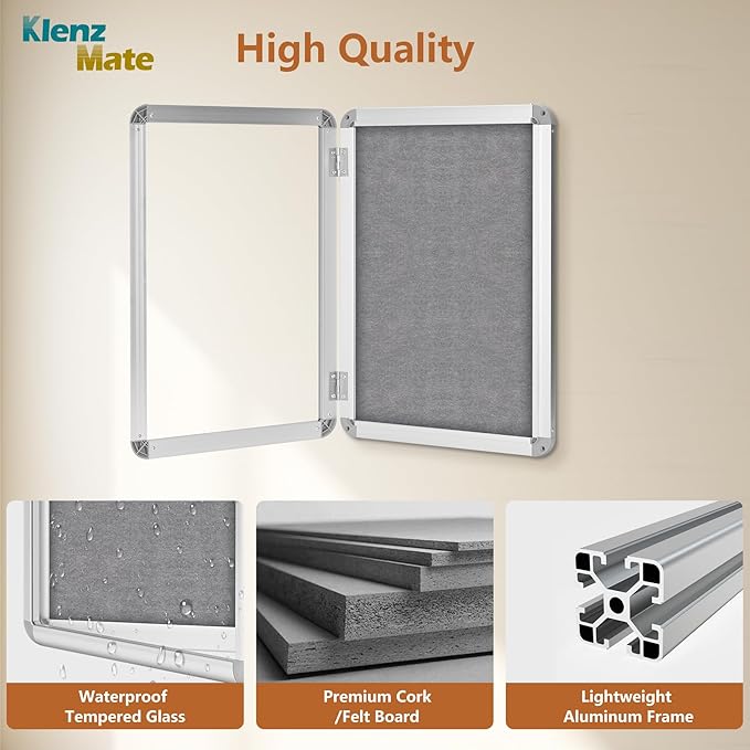 20"x14" Enclosed Cork Bulletin Board Tamper-Proof Dispaly Case,Grey Fabric&Aluminium Frame,Shatter Resistant Lockable Bulletin Board with Clear Acrylic Door for School,Office,Mall,Community,Hospital
