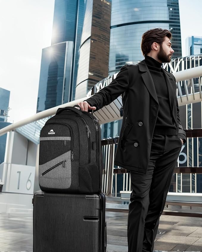 MATEIN 17 Inch Backpack for Men, Professional Work Office Laptop Backpack with USB Charging Port & Trolley Sleeve, Water Resistant Large College Daypack Travel Carry On, Black Grey