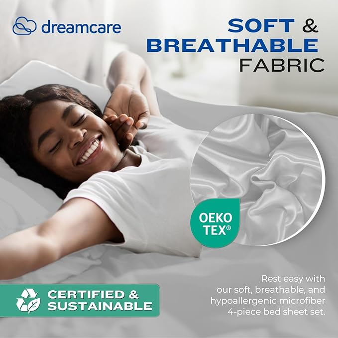 DREAMCARE King Size Sheets Set – 4 pcs Cooling Sheets – up to 21” Deep Pocket King Sheet Set – Hotel Luxury Sheets & Pillowcases – Superior Softness 100% Fine Microfiber with Side Pocket – Light Gray DREAMCARE