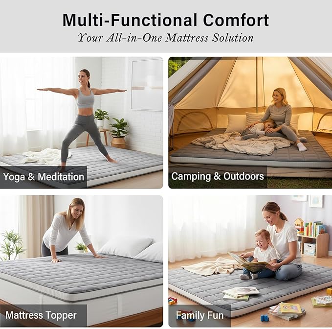 Tiita Japanese Floor Mattress Futon Mattress 4” Thick Folding Roll Up Sleeping Pad with Bag & Strap, Bed Topper Mat for Guest, Lounger and Tavel, Gray,Twin Size