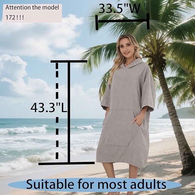 Surf Poncho Hooded Beach Towel, Quick Dry Terry Cloth, Extra Large Changing Robe with Pockets for Adults, Unisex Light Grey Cover-Up for Swim, Bath, Beach, Gift for Swimmer Lovers